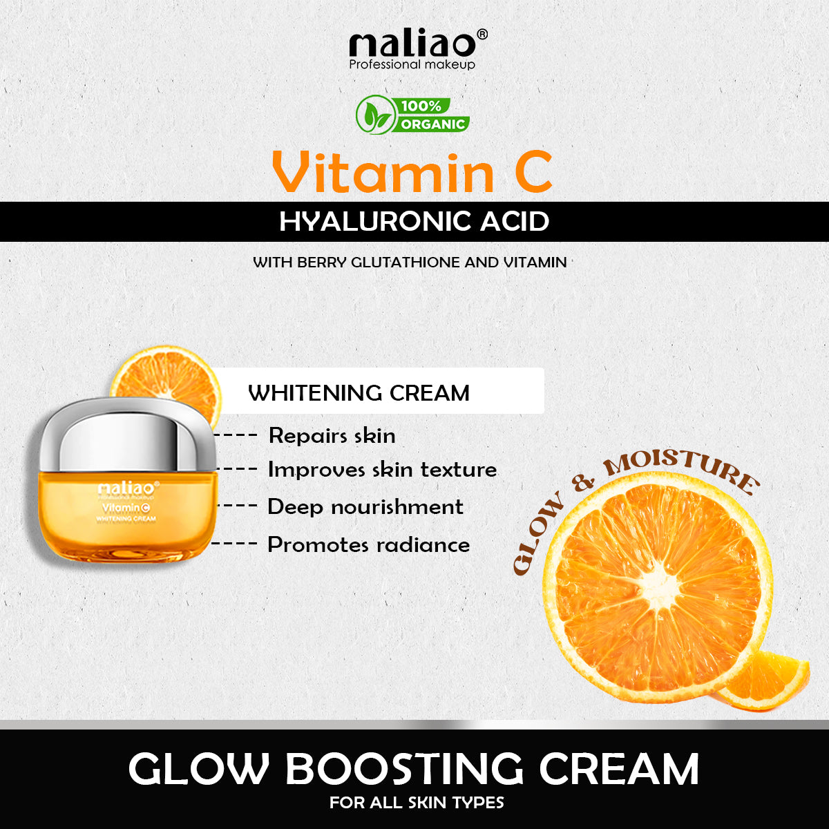 Maliao, RepairSkin, AllSkinTypes, BeautyProducts,DeepNourishment, HyaluronicAcid, Skincare, WhiteningCream, VitaminC, BerryGlutathione,